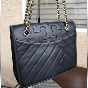 Tory Burch Alexa Quilted Leather Black Flap Convertible Shoulder Bag Crossbody
